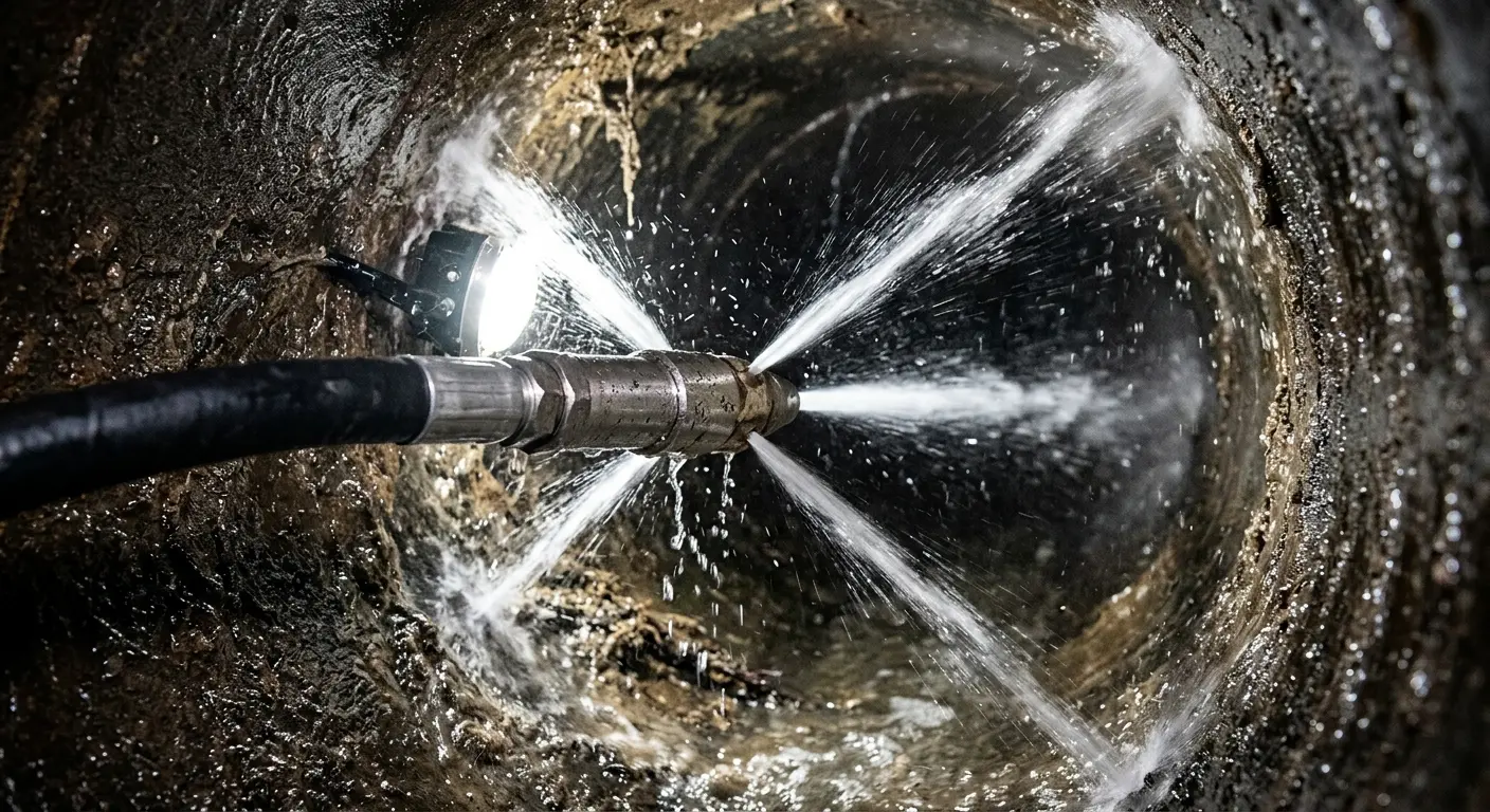 High-pressure hydro jetting nozzle cleaning sewer pipe for Emergency Drain Service in Shillington