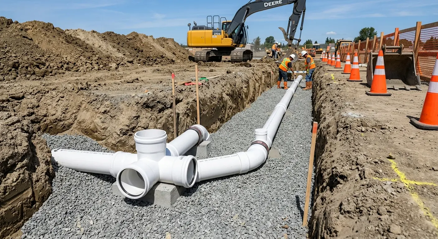 New PVC sewer pipe installation in open trench for Sewer Backup in Shillington
