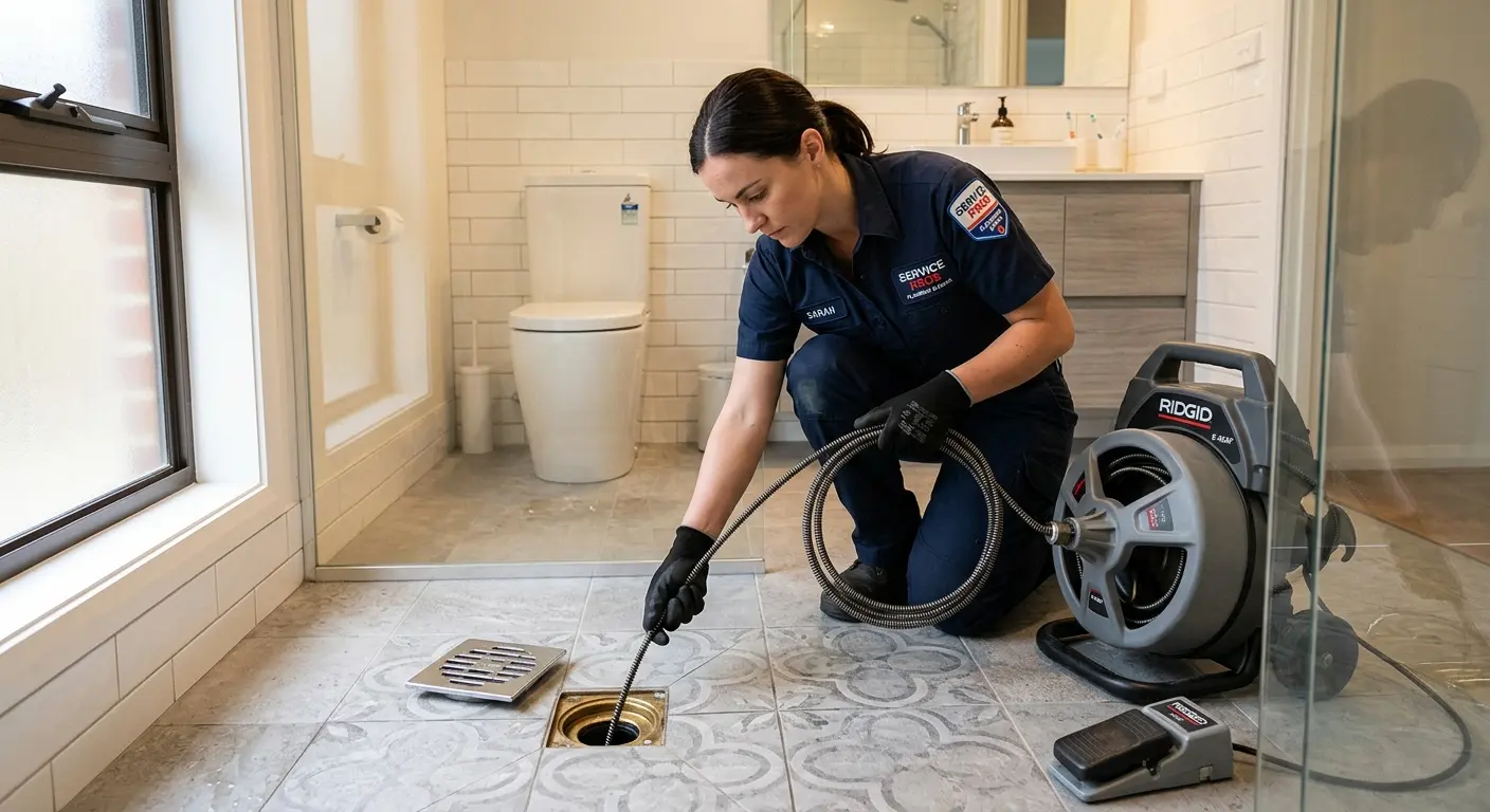 Technician clearing a bathroom floor drain for Sewer Line Replacement in Shillington